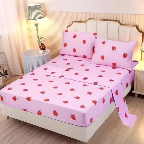 SDY 4PCS Strawberry Bedding Sheets,Queen Size Red and Pink Strawberry Print Sheet Set with 1 Kawaii Top Flat Sheet   1 Deep Pocket Fitted Sheet   2 Pillowcases for Teen Girls