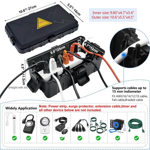 Hrensaw Medium Outdoor Electrical Box(10.6x5.5x4.5inch),Weatherproof Connection Box w/6 Cable Entry,IP54 Waterproof Extension Cord Cover Protect Power Strip,Timer,Plug,Holiday Lights,Black