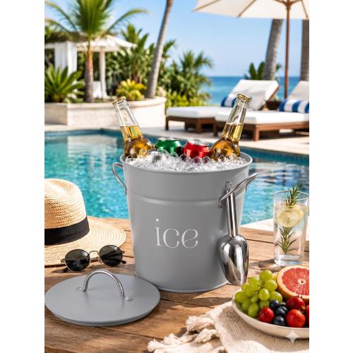 3 Qt Gray Galvanized Ice Bucket with Lid, Scoop and Handles, Insulated | Double-layer insulated ice bucket with galvanized inner layer for wine, champagne, cocktails, parties, BBQs and outdoor use.
