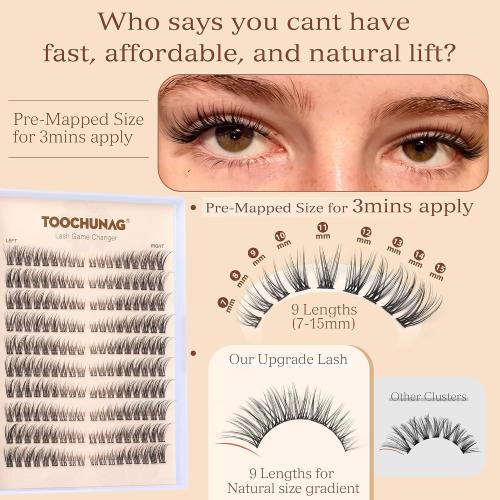 Natural Lash Clusters Wispy Eyelash Clusters C Curl Left&Right Cluster Eyelashes Extensions 180pcs Cluster Lashes DIY Individual Lash Extension Thin Band Cat Eye Lashes by TOOCHUNAG