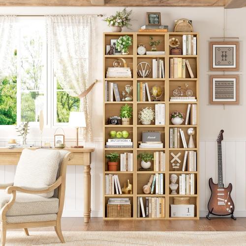 FOTOSOK 8-Tier Media Tower Rack, 11.6 X 9.3 X 71 Inches CD DVD Slim Storage Cabinet with Adjustable Shelves, Tall Narrow Bookcase Display Bookshelf for Home Office, Natural