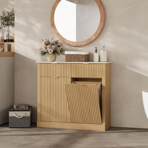 Double Tilt Out Trash Can Cabinet,20 Gallon Fluted Laundry Hamper Cabinet with 2 Drawers,Freestanding Wooden Hidden Garbage Can Cabinets with 2 Laundry Storage Basket for Kitchen,Living Room,Natural