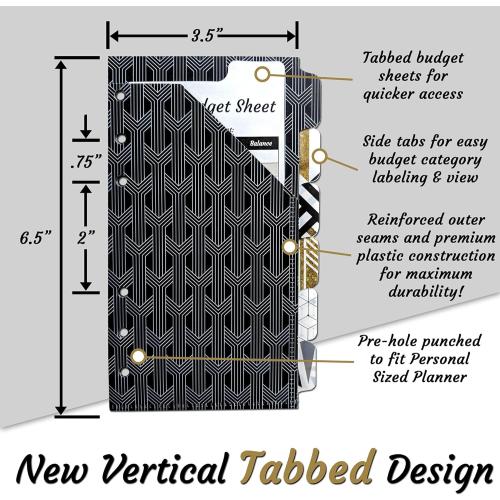 Vertical Tabbed Plastic Budget Envelopes for Budget Planner Organizer Wallet - Cash Envelopes, Budget Sheets for Cash Envelope System Wallet, Coupon Organizer, Financial Planner, Cash Envelope Wallet