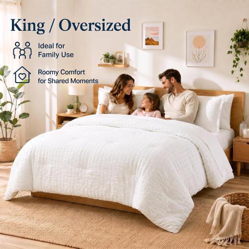 CozyLux King Size Comforter Set, 7 Pieces White Seersucker Bed in a Bag
