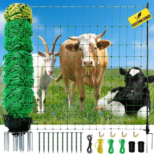 Electric Fence Netting, 164'L x 42.5 H Movable Livestock Nets for Sheep, Hogs, Cattle, PE Net Fencing Kit with 14 Posts Double Spiked, Electric Fencing for Backyards, Homesteaders, Farms Ranches