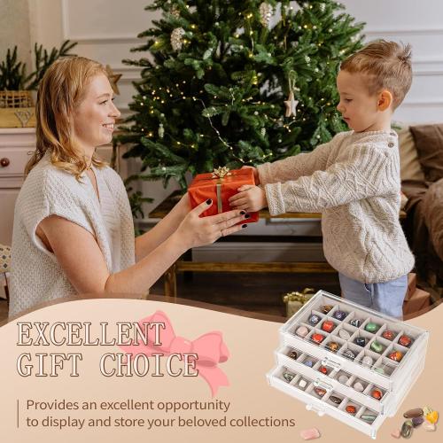 Acrylic Rock Display Case,54 Grids Rock Collection Box for Kids with Mini Magnifying Glass and Gloves, Clear Display Cases for Stones Collectibles Gemstone Crystals Storage Boxes