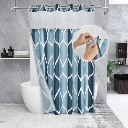 No Hook Aegean Blue Shower Curtain with Snap in Fabric Liner Set - Hotel Style with See Through Mesh Top Window, Modern Geometric Waterdrop Design,Waterproof and Washable, 71x74 INCH