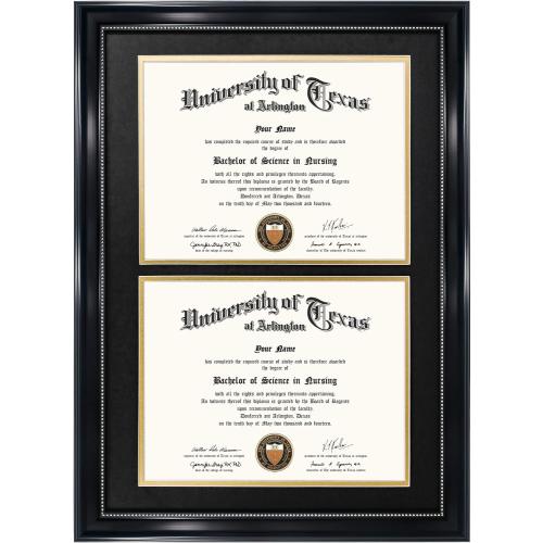 GraduationMall 14x20 Double Diploma Frame, Display 8.5x11 Certificate with Black over Gold Mat,UV Protection Acrylic,Black with Silver Beads