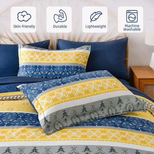 WONGS BEDDING Boho Comforters Set Queen, 7 Pieces Navy Blue and Yellow Comforter Sets Bohemian Bed in a Bag Striped Comforter Set Soft Microfiber Paisley Floral Comforter and Sheet Set for All Season