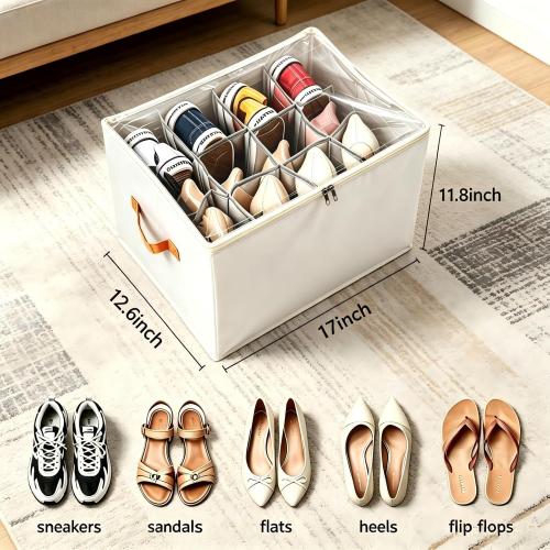 Shoe Organizer for Closet, Foldable Shoe Storage Containers, Fits up to 12 Pairs, Shoe Storage Organizer Box Cubby Baskets Bins with Clear Cover and Reinforced Handles