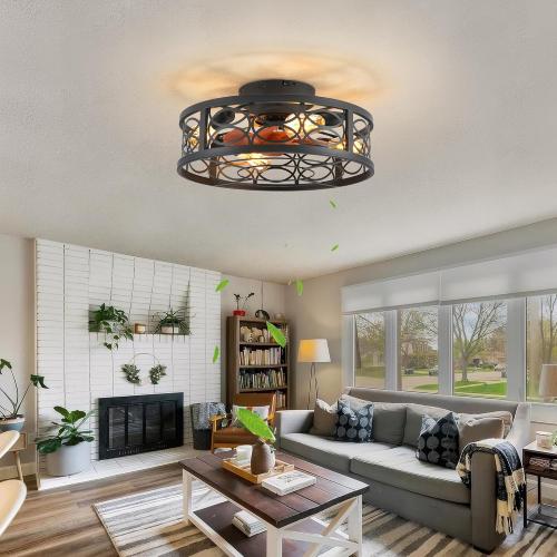 20 Caged Ceiling Fan with Light and Remote，Bladeless Ceiling Fan 6 Speed Reversible with 4 Bulbs and Remote Control.Low Profile Ceiling Fans with Lights for Bedroom, Dining Room