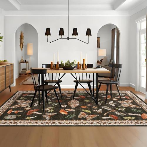 BROWN AND PINK MUTICOLOR Mushroom 10x13 Area Rug for Living Room Washable Non Slip Forest Soft Low-Pile Stain Resistant Thin Large Throw Carpet for Bedroom Dining Room Office Brown