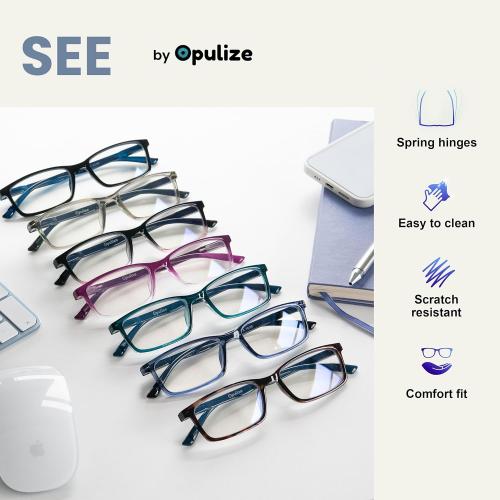 OPULIZE SEE Blue Light Blocking Glasses for Women and Men, Narrow Frame, Spring Hinges, Anti-Reflective Computer Glasses, Grey (Pack of 1)