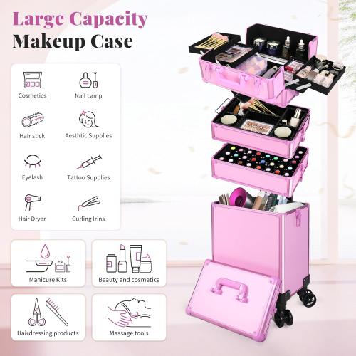Rolling Makeup Train Case Large Storage Cosmetic Trolley 5 in 1 Large Capacity Trolley Makeup Travel Case with Key Swivel Wheels Salon Barber Case Traveling Cart Trunk, Pink