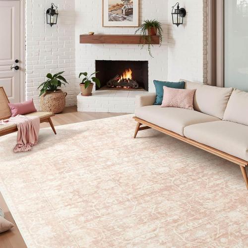 8x10 Area Rugs for Living Room: Large Soft Washable Rug Modern Aesthetic Floral Carpet Low Pile Non-Slip Stain Resistant for Bedroom Dining Table or Home Office Home Decor - Beige Pink
