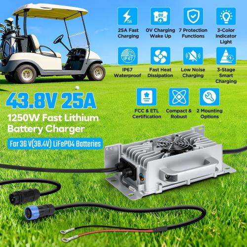 36V 25A Lithium Battery Charger 1250W Fast Charging & 0V Wake Up with 2 Mounting Ways, IP67 Waterproof 43.8V LiFePO4 Charger, Efficiency ≥ 94%, for 36V(38.4V) Golf Cart/Trolling Motor/RV/Boat Battery