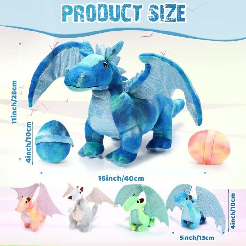 Deekin 7 Pcs Dragon Toy Set 16 Inch Large Dragon Stuffed Animal with 4 Baby Plush and 2 Eggs in Mommy's Belly Dinosaur Plushies Gifts for Boys Girls Birthday(Bright Style)