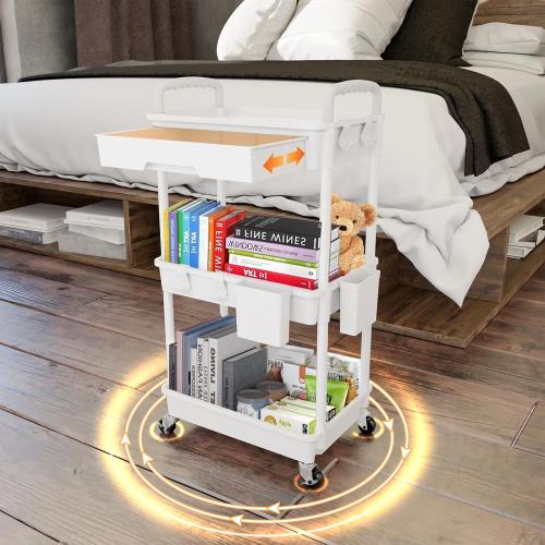 White 3 Tier Rolling Utility Cart with Drawer,REBECAT Utility Cart Made of Multifunctional Storage Organizer Tool for Kitchen,Bathroom,Living Room,Office(White)