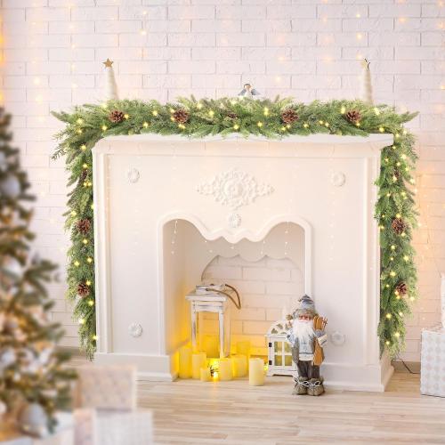 JOJOLEE 72inch Pre-Lit Christmas Garland with Timer Lights, Battery Operated Mixed PE Pine Greenery Garland with Natural Pine Cones, Realistic Evergreen Holiday Mantle Fireplace Stair Doorway Décor
