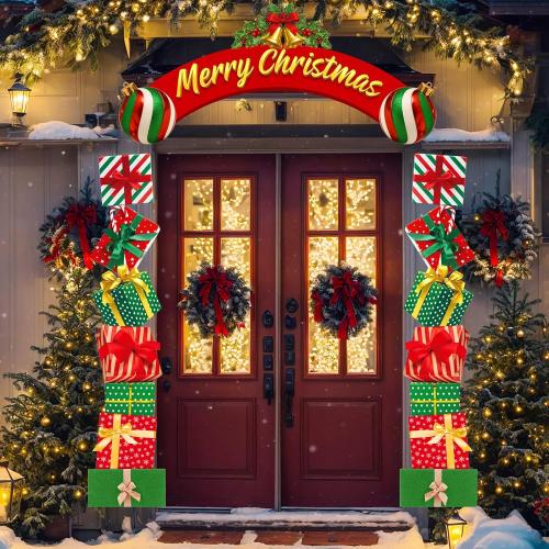 Moukeren 63.8x29.5 Christmas Door Decorations, 3pcs Merry Christmas Gift Box Door Frame Banner Set - Side Banners, Xmas Decor with PVC Hanging Rope for Porch, Classroom, Winter Holiday Party