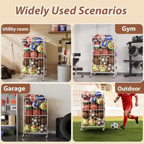 210L Rolling Ball Organizer with Locking Wheels - Large Sports Storage Basket for Basketball Soccer Football Volleyball, Steel Garage Equipment Cart with Elastic Rope for Household Storage