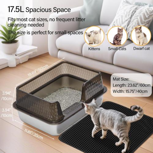 Medium Low Entry Enclosed Stainless Steel Cat Litter Box with lid Scoop and Pads Easy Clean Kitten Kitty Transparent Black Metal Litter Box