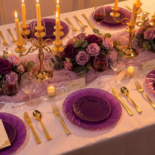 YOUBET 125PCS Purple Plastic Dinnerware Set - Gold and Clear Purple Disposable Plates Include 50 Plastic Plates 75 Silverwares for Wedding Birthday Parties & Party