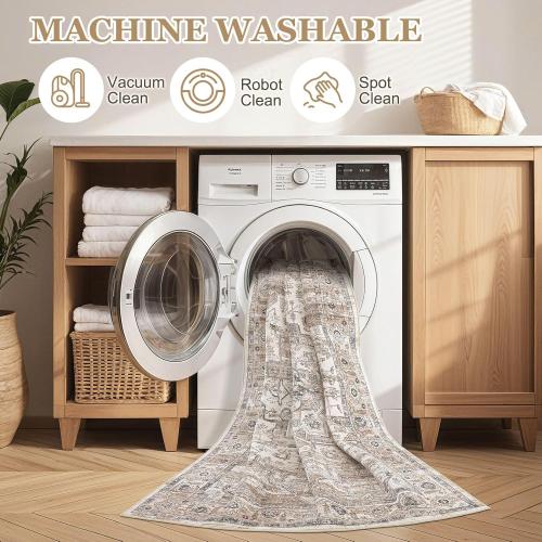 Area Rug 8x10 Washable Vintage - Soft Traditional Rugs for Living Room Large Non Slip Backing with Low Pile Farmhouse Oriental Retro Carpet for Bedroom Dining Room or Home Office - Tea Brown