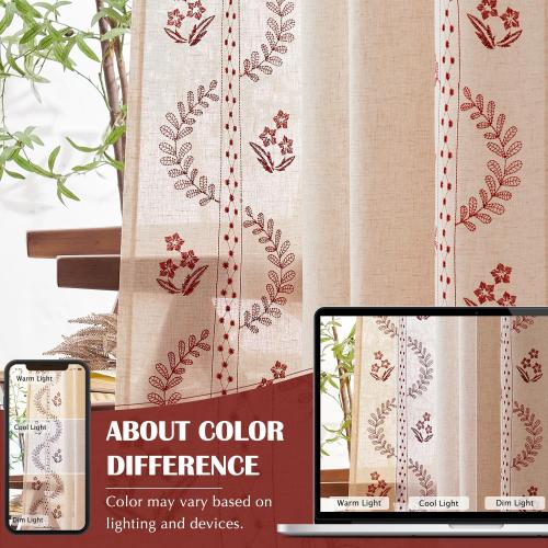 jinchan Belrose Linen Curtains for Bedroom Floral Curtains 84 Inch Length Linen Blend Burgundy Red Embroidered Drapes Farmhouse Flower Patterned Drapes for Living Room Window Treatments Set 2 Panels