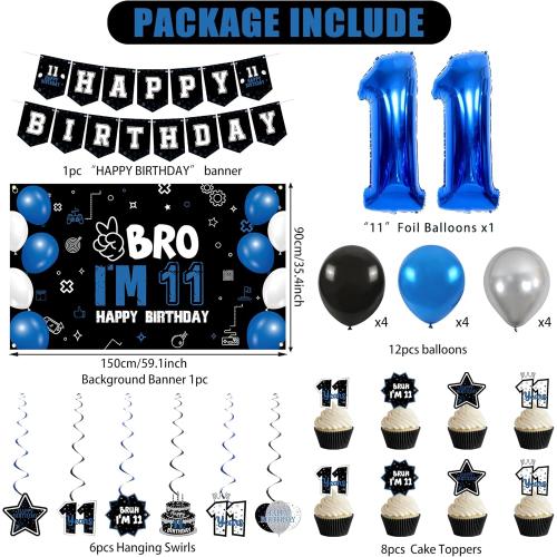 Vlipoeasn 11th Birthday Decorations Set for Boys Girls, 37PCS Black Blue 11 Year Old Birthday Backdrop Banner, Black Blue Bruh I'm 11 Party Supplies