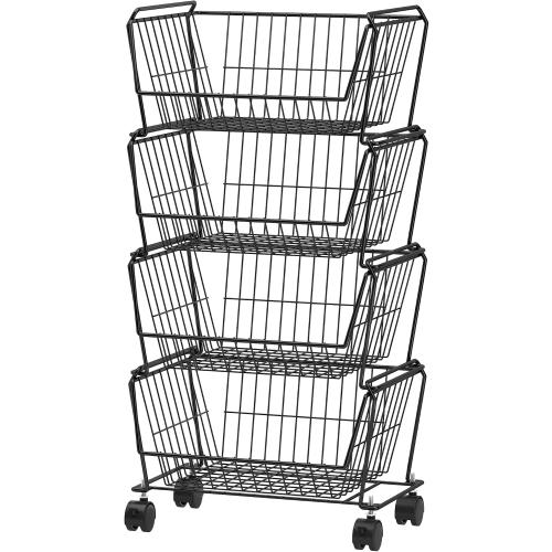 PUSDON 4-Tier Large Stackable Wire Storage Baskets with Wheels, Metal Rolling Utility Cart Organizer, Produce Basket for Kitchen Pantry, Floor Shelf, Matte Black