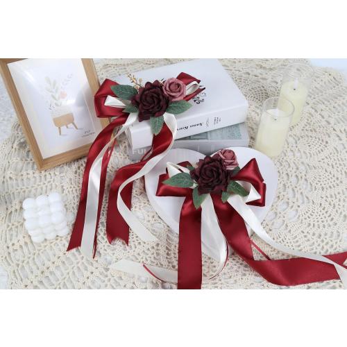 4PCS Wedding Car Door Handle Decorative Flowers, Burgundy Roses Artificial Flowers Bow Bouquet Just Married Automotive Decorations Accessories for Door Handles and Mirror(Burgundy)