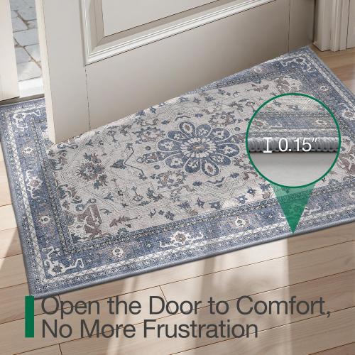 LUMI Retro Thin Door Mat, 18x30 Washable Indoor Doormat, Non Slip Absorbent Entrance Rug, Welcome Mats Entryway Rug Doormats for Front Door Kitchen Patio, Mist Blue