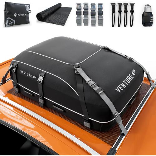 Color Black VENTURE 4TH Rooftop Cargo Carrier -  Waterproof Car Roof Cargo Bag with Tie-Down & Compression Straps, Fits Most Vehicles with or Without Roof Racks, Sidebars & Crossbars