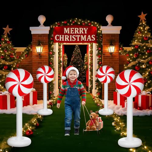 4 Pcs Christmas Inflatables Candy Outdoor Decorations 4 FT Christmas Candy Inflatable Column Blow up Decoration for Winter Xmas Lawn Yard Garden Home Decor(Red, White)