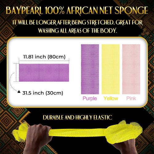 UJFQBH 3 Pack African Net Sponge, African Exfoliating Net Bath Sponge Long Net Bath Sponge Exfoliating Shower Body Scrubber Back Scrubber Skin Smoother,Great for Daily Use (Pink,Yellow,Purple)