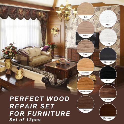 Wood Furniture Repair Kit, 12 Colors Wood Repair Kit, Wood Touch up Fillers, Repair Scratch, Cracks, Discoloration for Wooden Cabinet, Floor, Door, Table Surfaces Wood Filler Paint