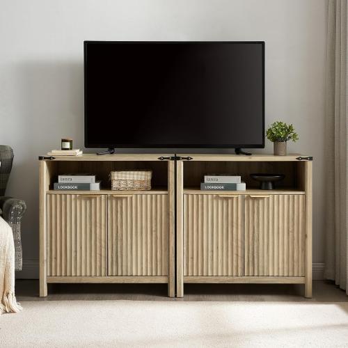 Size 32 Inch Color brown Fluted Sideboard Buffet Cabinet with Storage, Modern Farmhouse Accent Credenza with Adjustable Shelves, Coffee Wine Bar Organizer for Kitchen, Living Room (Sunwashed Ash Oak)