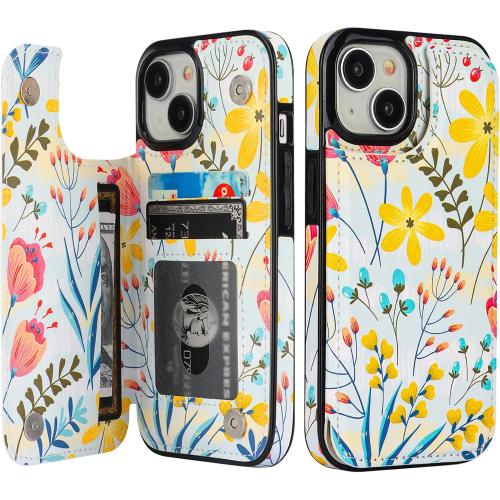 HAOPINSH for iPhone 15 Wallet Case with Card Holder, Floral Flower Pattern Back Flip Folio PU Leather Kickstand Card Slots Case for Women Girls, Double Magnetic Clasp Shockproof Cover 6.1