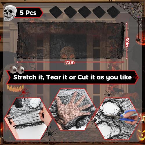 PinCute Halloween Decorations Indoor Outdoor- 5 Pack Creepy Cloth (30×72 in), 200Sqft Spider Web with 20 Spiders, Haunted House Props for Party Yard Window Porch Decor