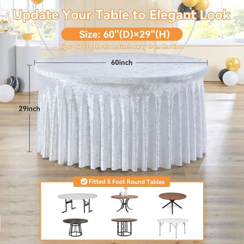 NSSONBEN 8 Pack White Velvet Round Tablecloth 60 inch, Thick Shiny Velour Stretch Fitted 5ft Round Tablecloths 120 inch, Wrinkle Free Spandex Table Covers with Skirt for Wedding Party Dining Banquet