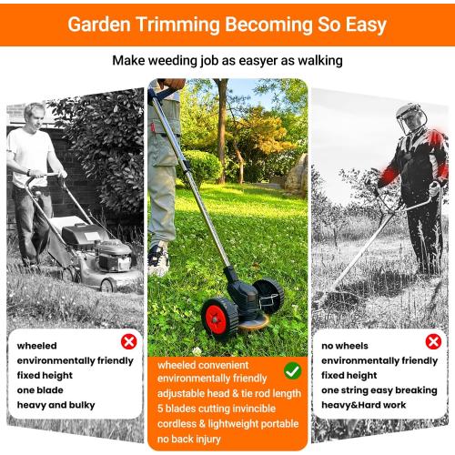 ORANGE AND BLACK Cordless Electric Weed Wacker with Wheels, 3-in-1 Lightweight Weed Eater/Brush Cutter/Grass Trimmer Battery Powered, Includes 21V 2×4.0Ah Batteries, 5 Types Blade & Charger, for Lawn Yard Garden