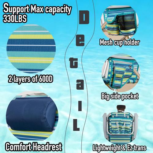 Aluminum Backpack Low Profile Beach Chair - 5-Position Lay Flat Reclining Folding Chair with Removable Cooler Bag - Heavy Duty 330 lbs Capacity, Lightweight Portable Sand Seat - Striped Green‼️has mild scratches ‼️