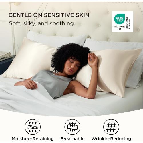 Bedsure Satin Body Pillow Cover with Zipper, Similar to Silk Body Pillow Pillowcase, Soft & Breathable Long Pillow Case, Cooling & Silky Long Pillowcase for Hair and Skin, Gifts, Beige, 20x54 Inches