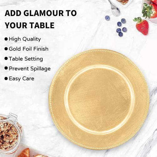 MAONAME Gold Charger Plates Set of 12, Foil 13 Plate Chargers with Beaded, Plastic Round Chargers for Dinner Plates, Table Setting