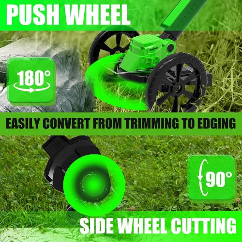 Color Green Electric Cordless Weed Wacker Eater Battery Powered, Lightweight No-String Weed Trimmer with 2 21V/2Ah Battery Operated&5 Types Blade&Wheels, Grass Trimmer/Edger Lawn Tool/Brush Cutter for Garden Yard