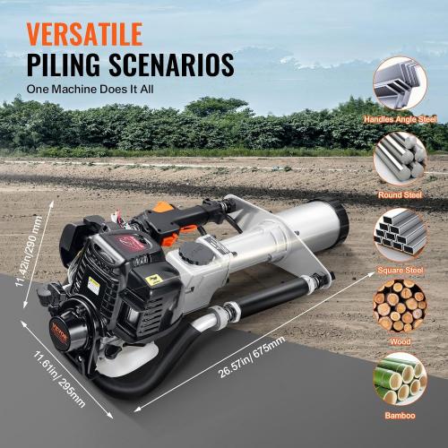 VEVOR 37.77cc Gas-Powered T Post Driver, 4-Stroke Engine Gasoline Fence Piling Pounder, with 3 Post Driving Head(45/55/88 mm), 1000W Portable Piledriver For Farm, Ranch Fencing, Road Improvements