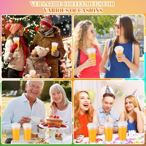 Honeydak Pack 16 oz Reusable Coffee Cups with Lids Water Bottle Iced Coffee Travel Mug Reusable Portable Plastic Tea Tumblers Bulk for Hot and Cold Drinks Birthdays Party(Stylish,Clear)