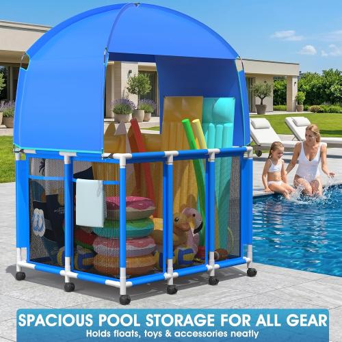 Pool Float Storage with Canopy,Pool Storage Bin XXX-Large,Outdoor Pool Toy Storage Organizer for Pool, Floats & Balls, Outdoor Pool Toy Storage with Rolling Cart for Swimming Equipments