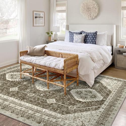 LOKHOM 8x10 Area Rugs for Living Room, Non-Slip Washable Vintage Area Rug, Low Pile Soft Faux Wool Large Floor Carpet Accent Rug for Bedroom Kitchen Entryway Dining Room Nursery,Vintage Brown